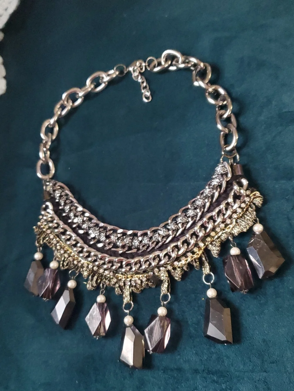 Vintage Statement Multi-Chain Necklace with Smoky Crystal Drops